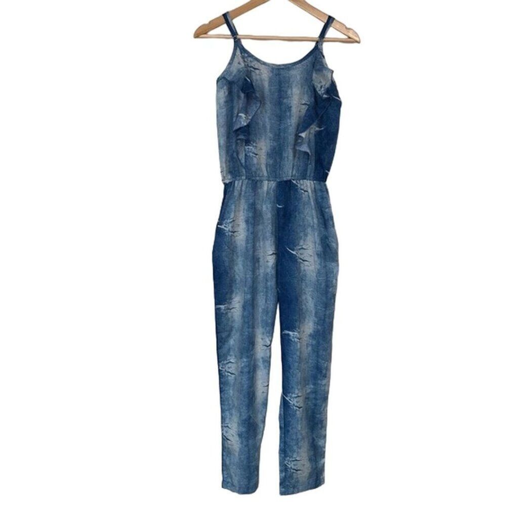 Blue Tie Dye Jumpsuit Women Medium Ruffle Elastic Waist Sleeveless Spring Summer